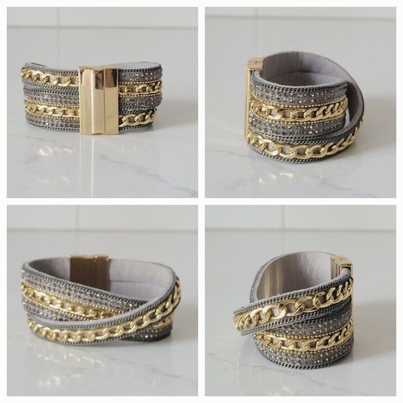 3 pc faux Leather Wrap Multilayer Bracelets Rhinestone Magnetic Closure Boho - Picture 7 of 10